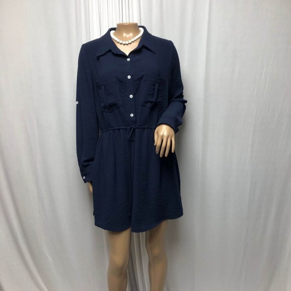 Blushing Heart Mini Dress Womens Size Medium Navy Drawstring Waist Long Sleeve